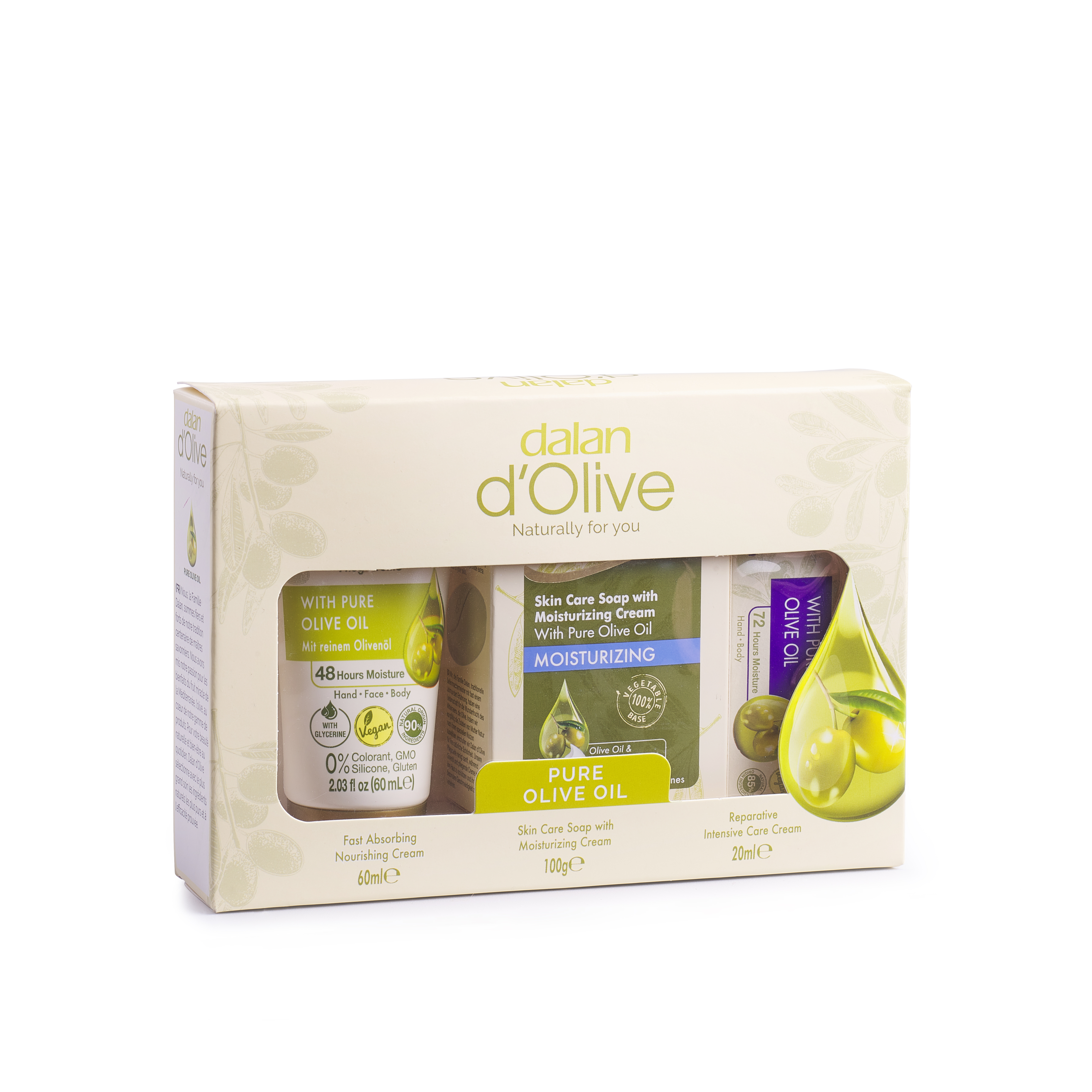 d´Olive 3er Geschenkset im Karton - Hand & Bodycreme 60 ml, Hautreinigungsseife 100 g, Handcreme 20 ml