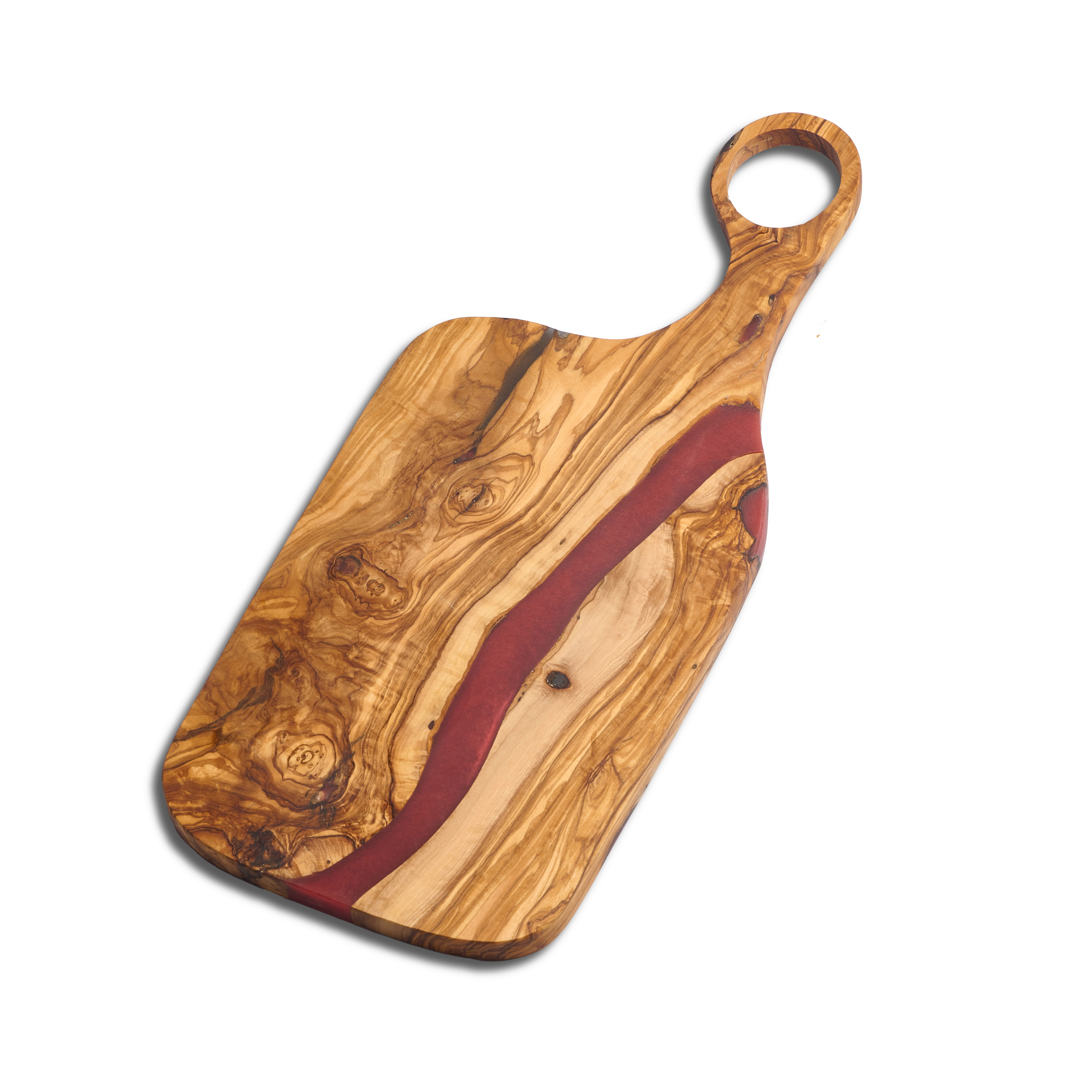 Olivenholzbrett mit Epoxidharz und Lochgriff Rot -  50x22