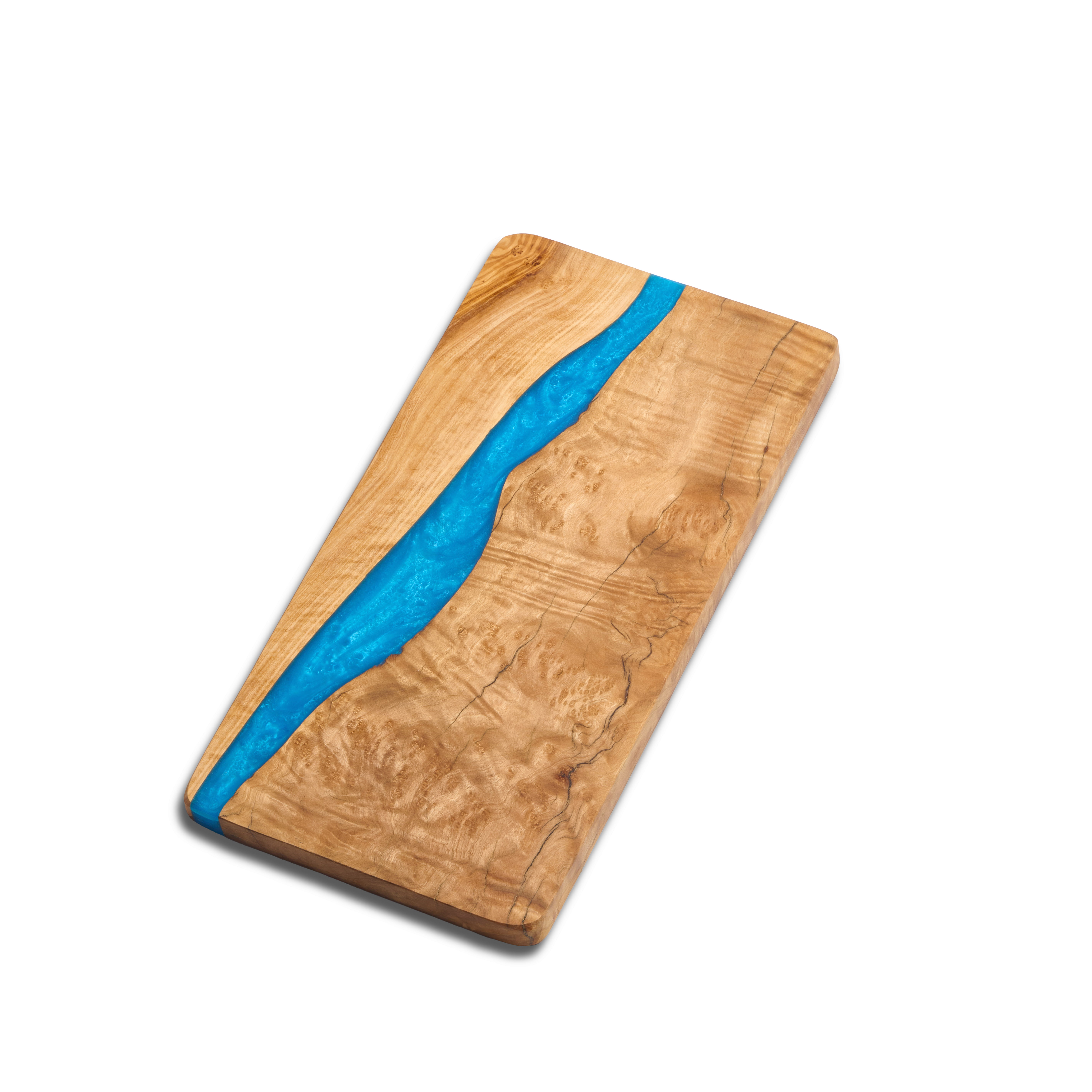 Olivenholzbrett S mit Epoxidharz Blau - 30x15cm